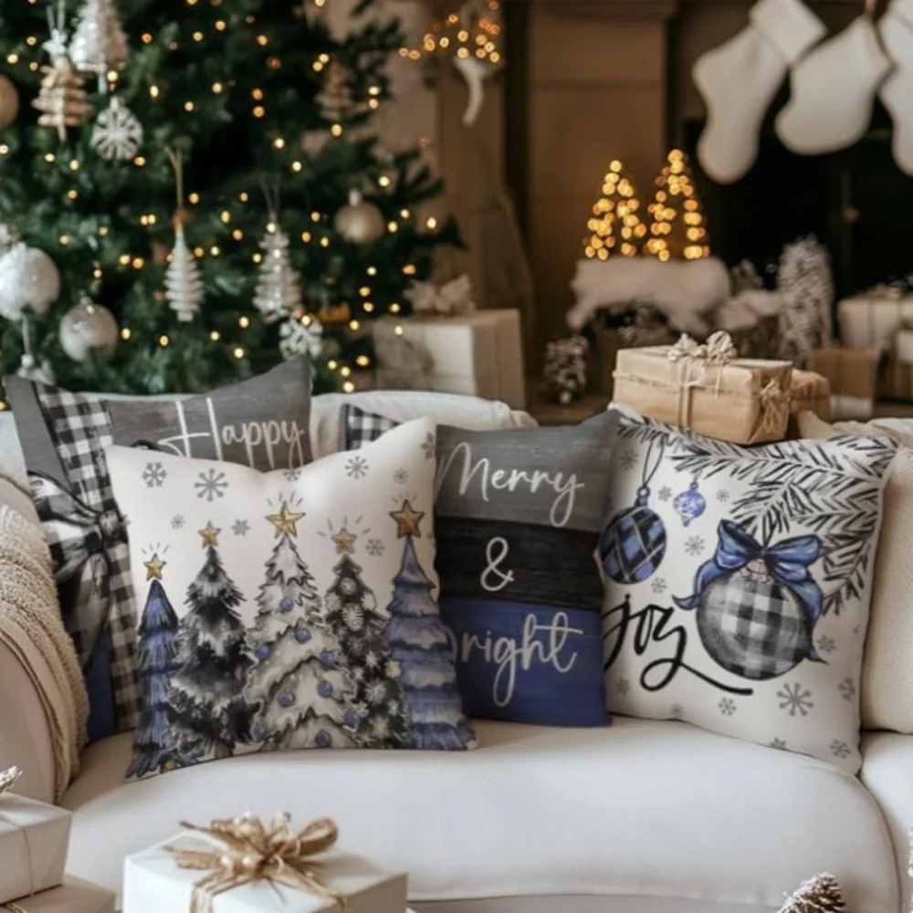 Festive Holiday Pillow Covers Set - Blue and Black